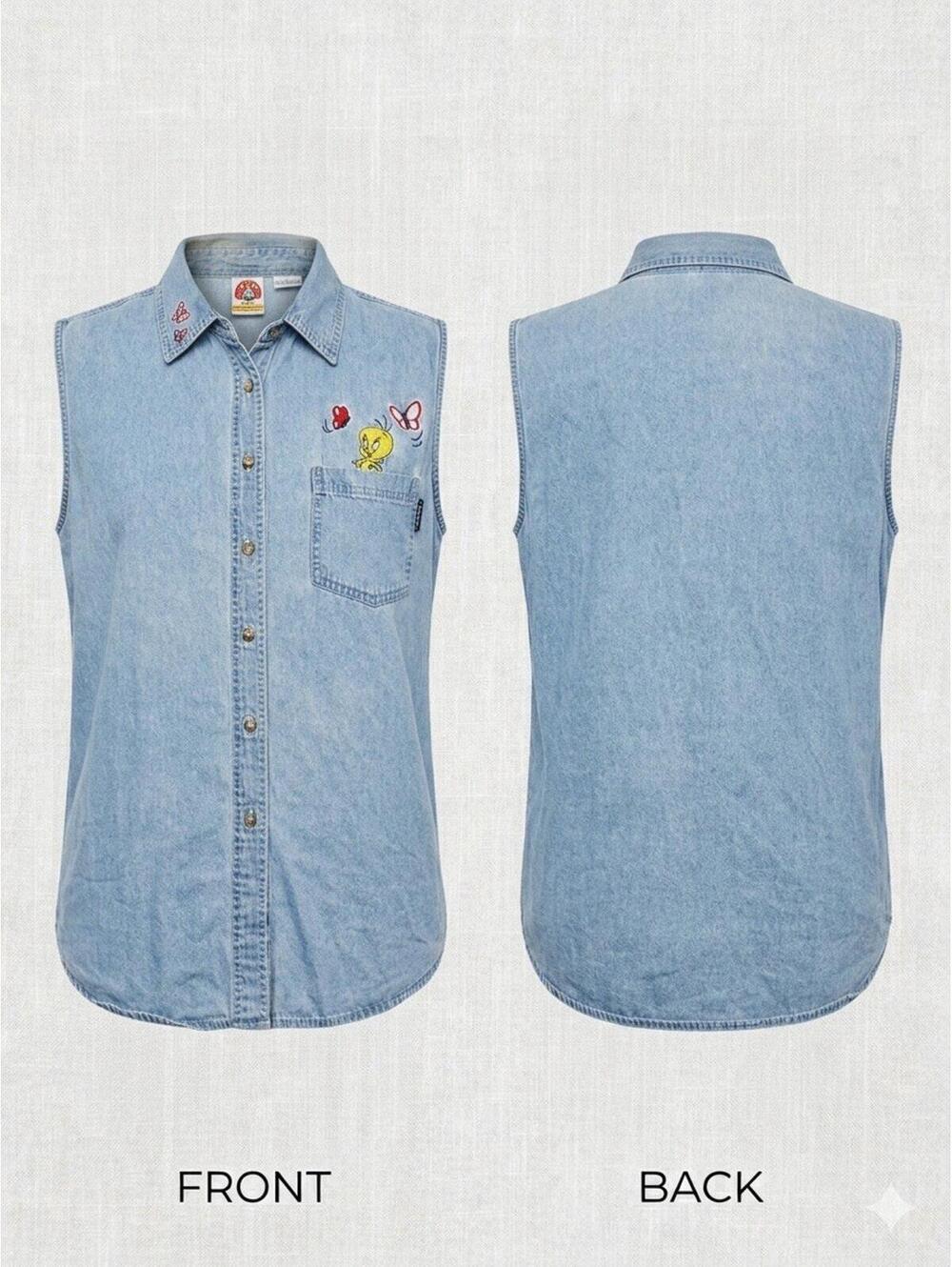 🦋 Vtg 90s Looney Tunes Tweety Y2K Sleeveless Womens Tank Top Denim 24W 25-6 🐥 - Picture 1 of 8